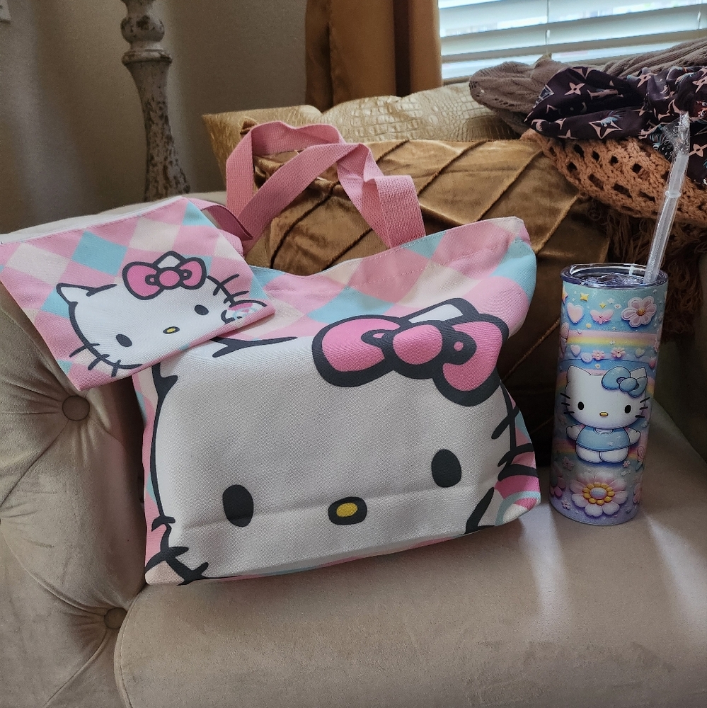 (Brand New) LIght pink, blue, and white Hello Kitty tote bag & baby blue thermos